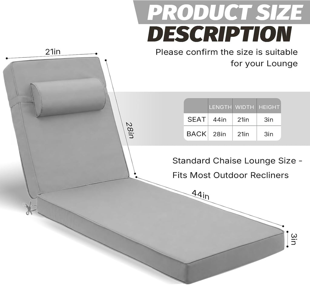 Outdoor Chaise Lounge Cushion, Grey, 72 x 21 x 3 in, 2Pack