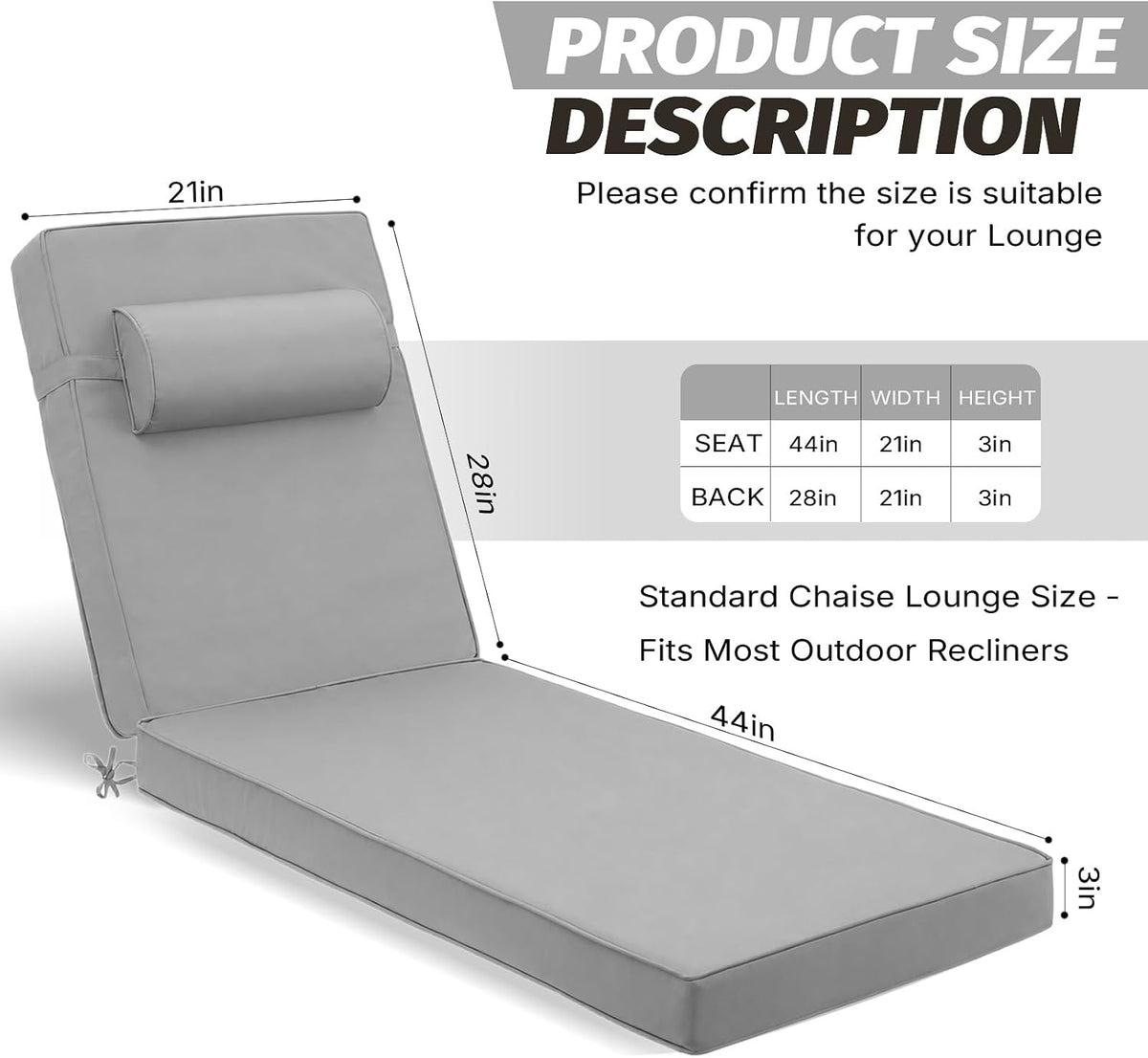 Outdoor Chaise Lounge Cushion, Grey, 72 x 21 x 3 in, 2Pack