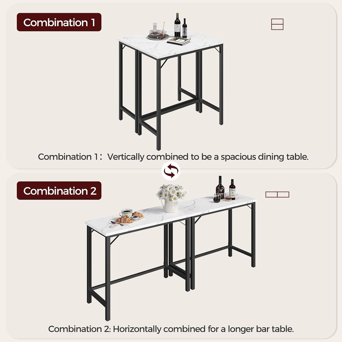 MAHANCRIS Narrow Bar Table, 63-Inch Pub Table for Dining Room, Counter Bar Tables with Sturdy Metal Frame, Connectable Bar Table, Multifunctional Console Table, Marble and Black BTHM1601