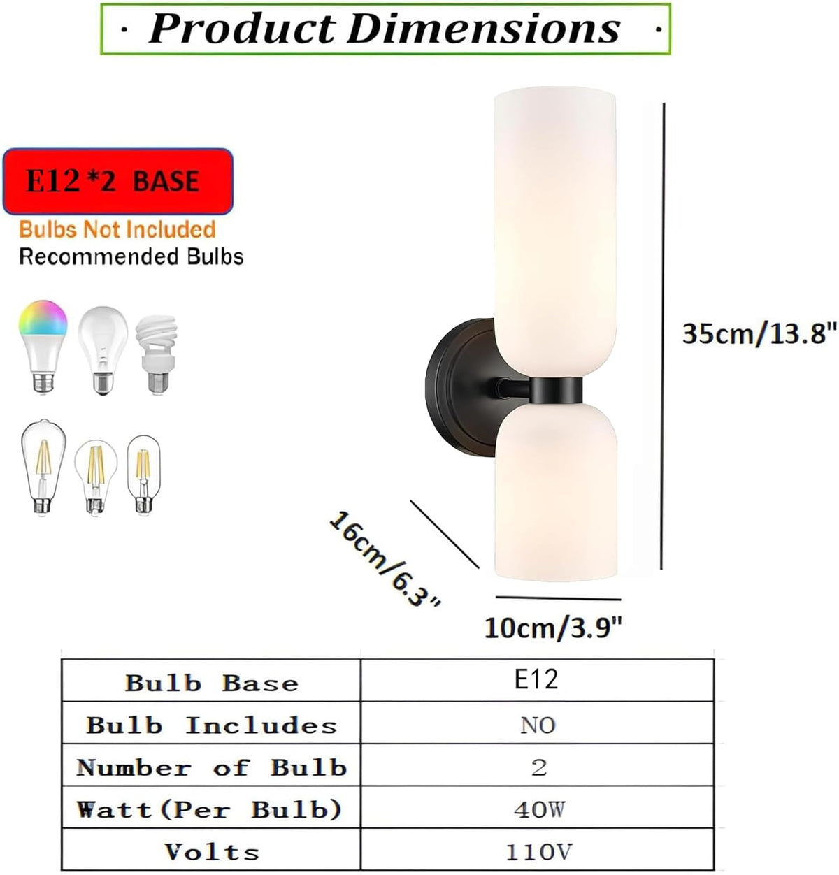 Bathroom sconces Set of 2 mid-Century Modern Light Vanity sconces Fixture Milky White lampshade Large Glass for Bathroom Vanity Bathroom Living Room (Black)