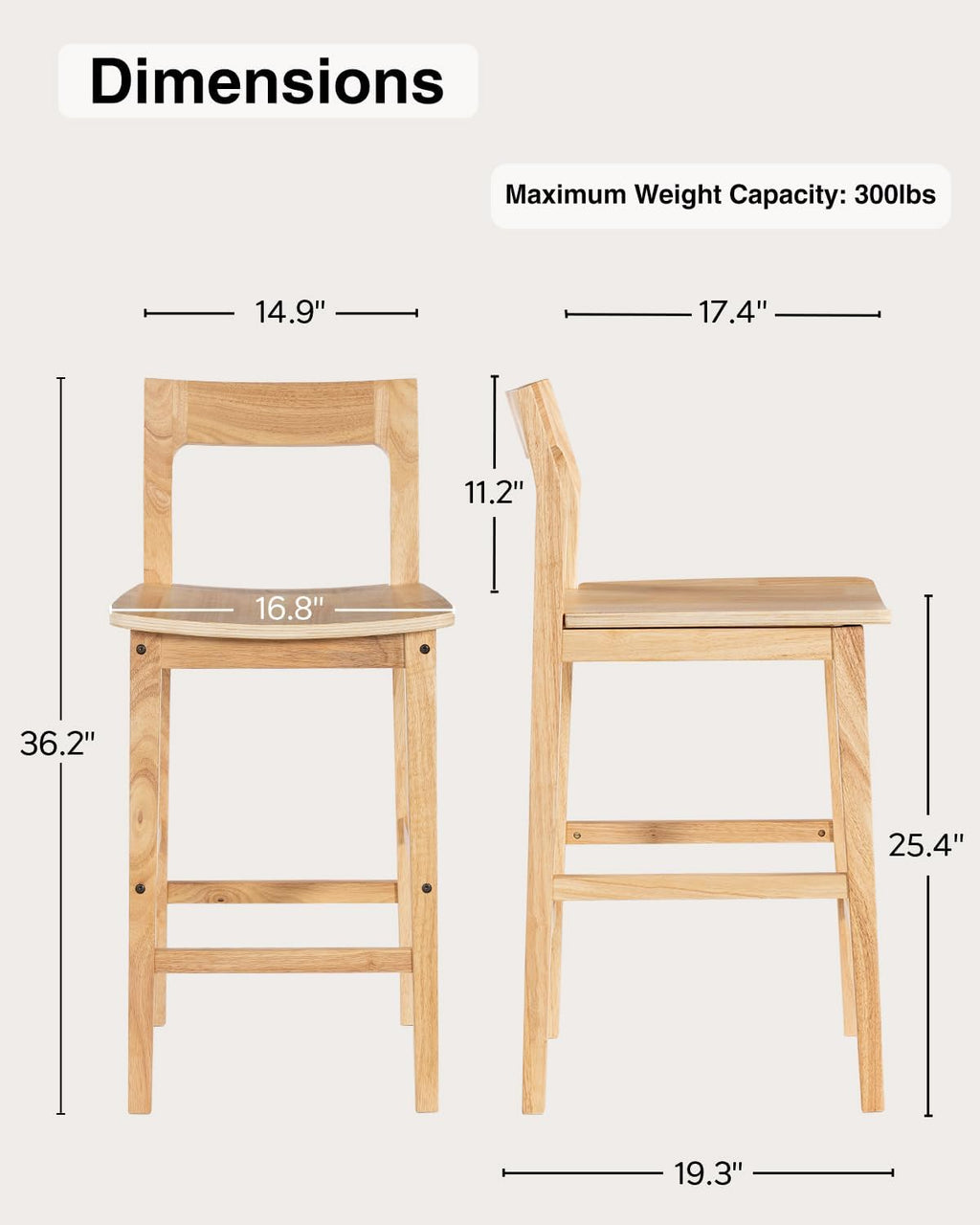 Wood Barstools Set of 4, Counter Height Bar Stools Armless Farmhouse Wooden Bar Dining Chairs with Back & Footrest for Kitchen Island Cafe Pub, Natural Oak
