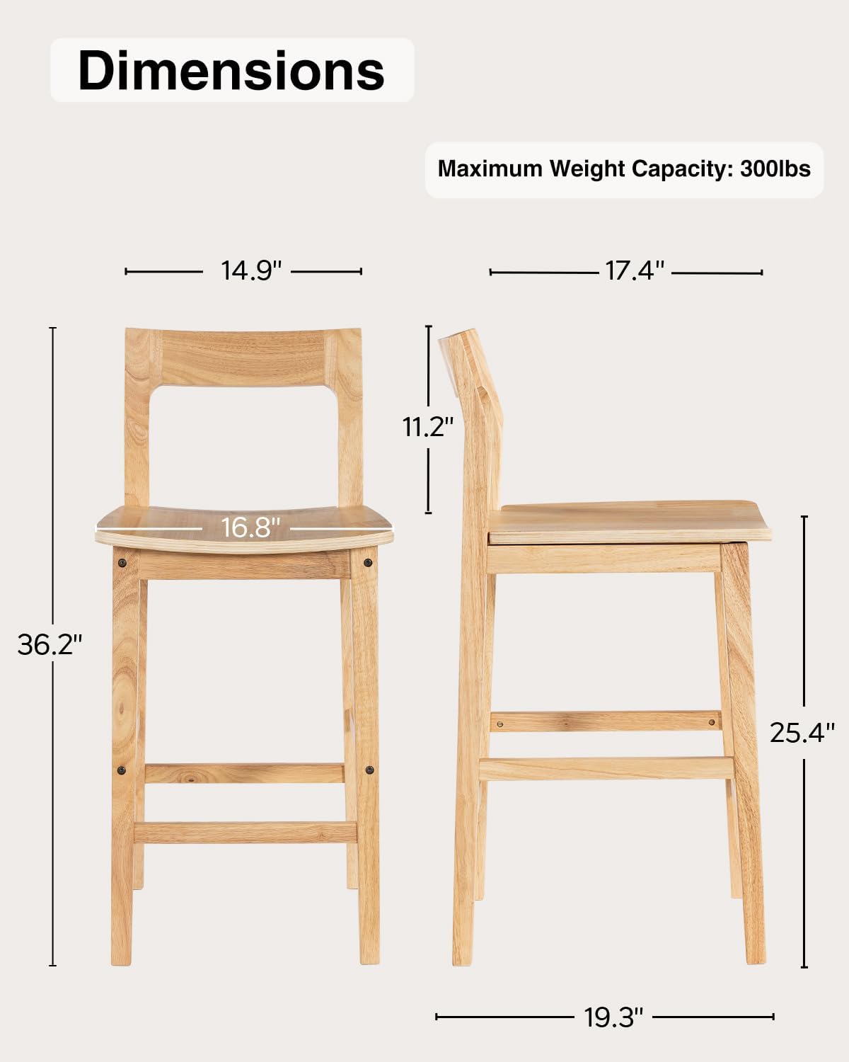 Wood Barstools Set of 4, Counter Height Bar Stools Armless Farmhouse Wooden Bar Dining Chairs with Back & Footrest for Kitchen Island Cafe Pub, Natural Oak