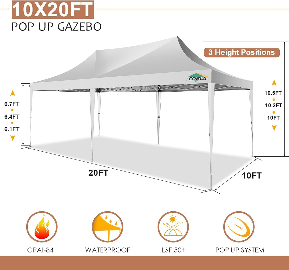 COBIZI 10x20 Pop up Canopy Tent with 6 Sidewalls, Easy up Canopy Tents for Parties with Metal Frame, Waterproof & UV50+, Height Adjustable, Portable Carry Bag Included (White)