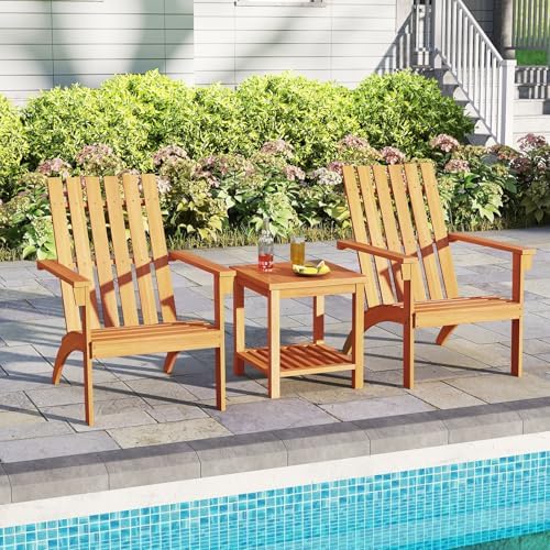Tangkula Outdoor Adirondack Chair, Solid Acacia Wood Fire Pit Chair with Inclined Backrest, Curved Seat & Wide Armrests, Wooden Lawn Chair for Porch, Patio, Garden, Backyard, Deck (1, Natural)