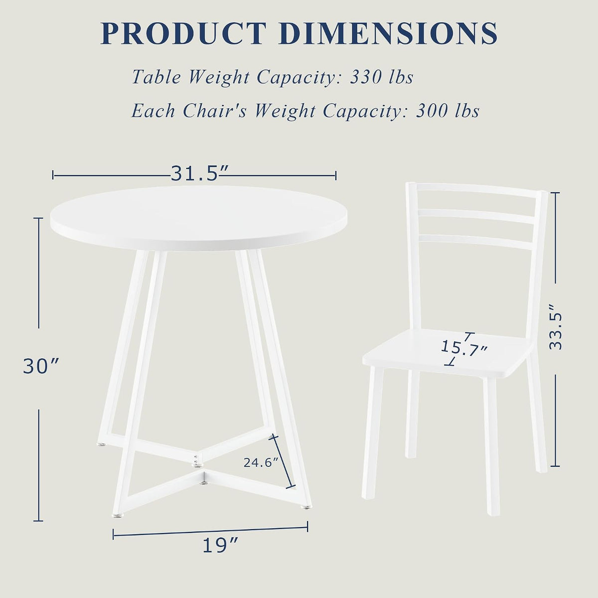 VECELO Small Round Dining Table Set for 2, Wood Tabletop with Strong Metal Frame, Modern Dinette with Chairs for Kitchen, Breakfast Nook Living Room, Pure White