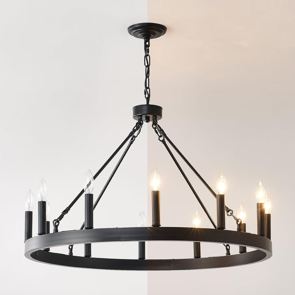 32" wagon wheel light fixture 12-light black round, front angle view