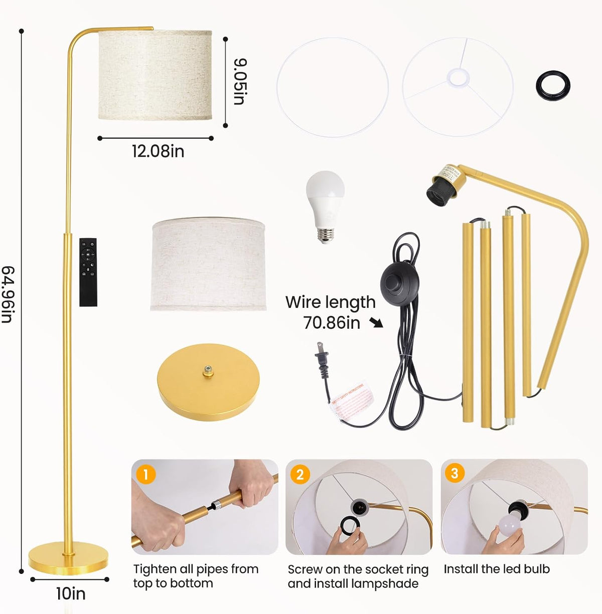 Arc Floor Lamp with Remote Control Dimmable Gold lamps for Living Room