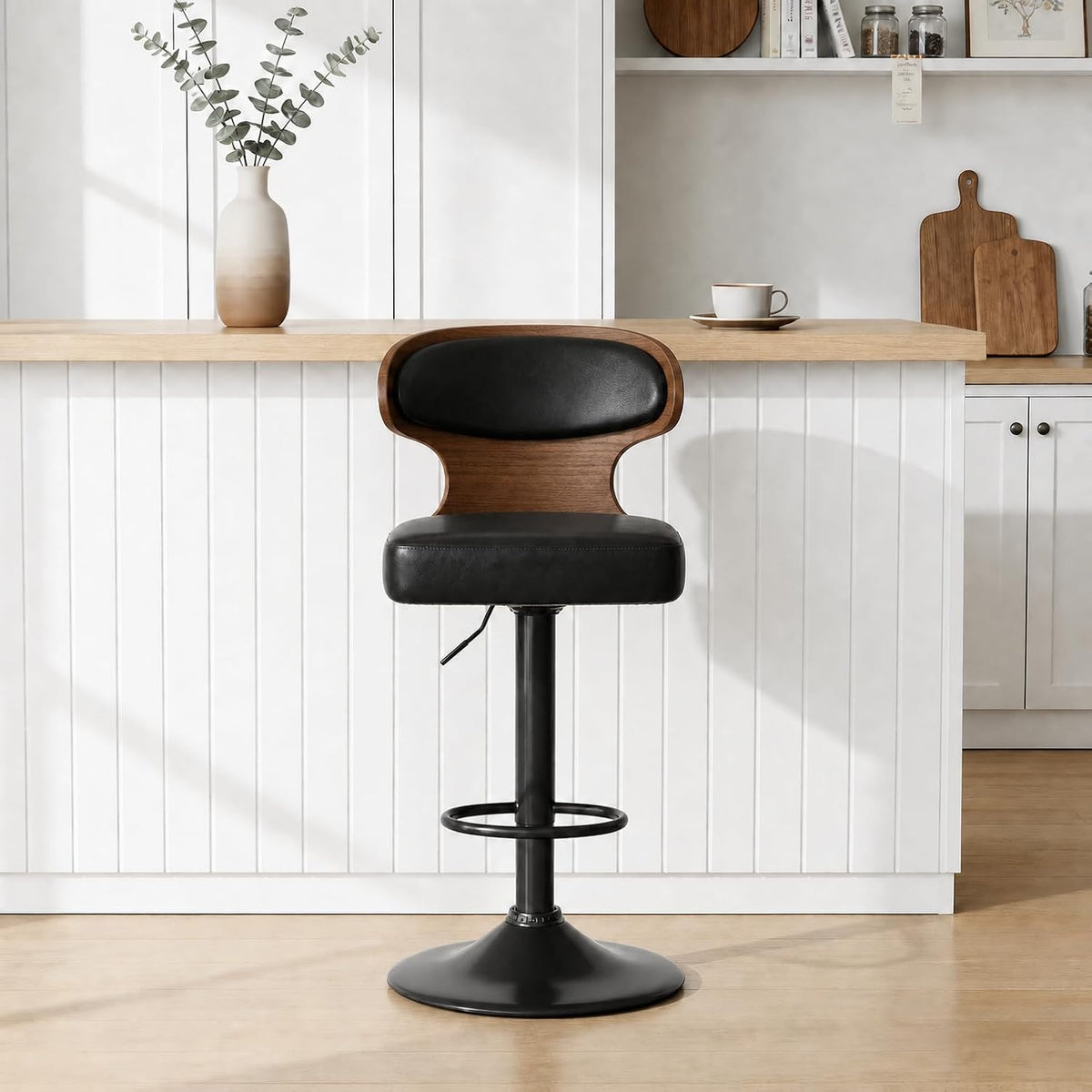 Bar Stool, 360° Swivel Barstools with Solid Wood Back and Footrest, Leather Adjustable Counter Height Chairs for Bar, Kitchen, Dining Room (Black)