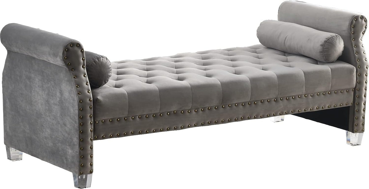 LMZ Mathias 71-inch Rolled Arm Velvet Button Tufted Upholstered Bench for Bedroom End of Bed Chaise Lounge Fabric Long Ottoman Couch Window and Living Room Footrest Stool (Grey)