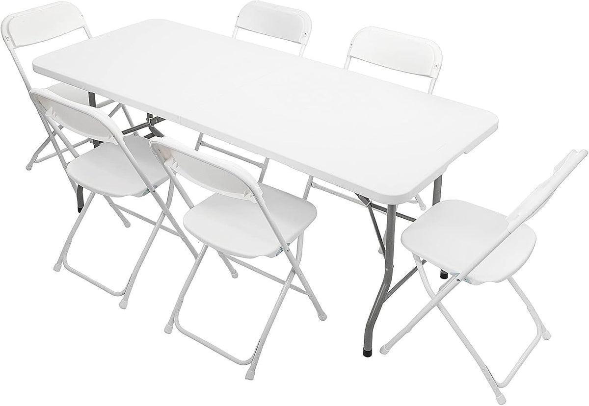 VINGLI 6 FT Plastic Folding Table Set with 6 White Folding Chairs for Picnic, Event, Training, Outdoor Activities, at Home and Commercial Use