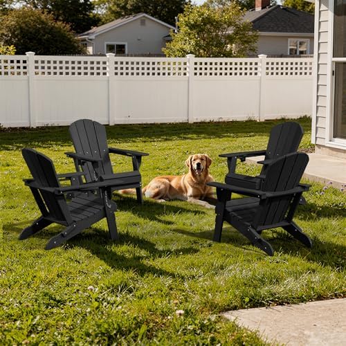AreShark HDPE Folding Adirondack Chair with Cup Holder, Black