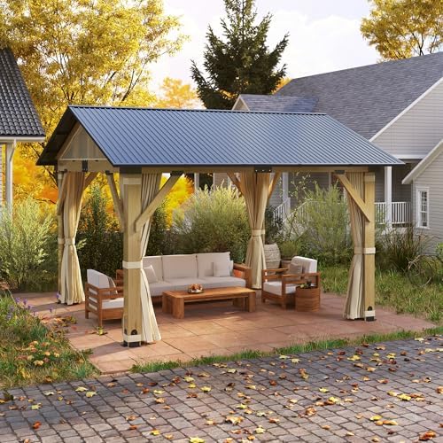 11'x13' Wood Gazebo, Outdoor Hardtop Gazebo, Cedar Frame Wooden Gazebos with Waterproof Steel Roof, Fit Patio, Backyard, Garden, Lawns, Porch (Curtains & Netting Included)