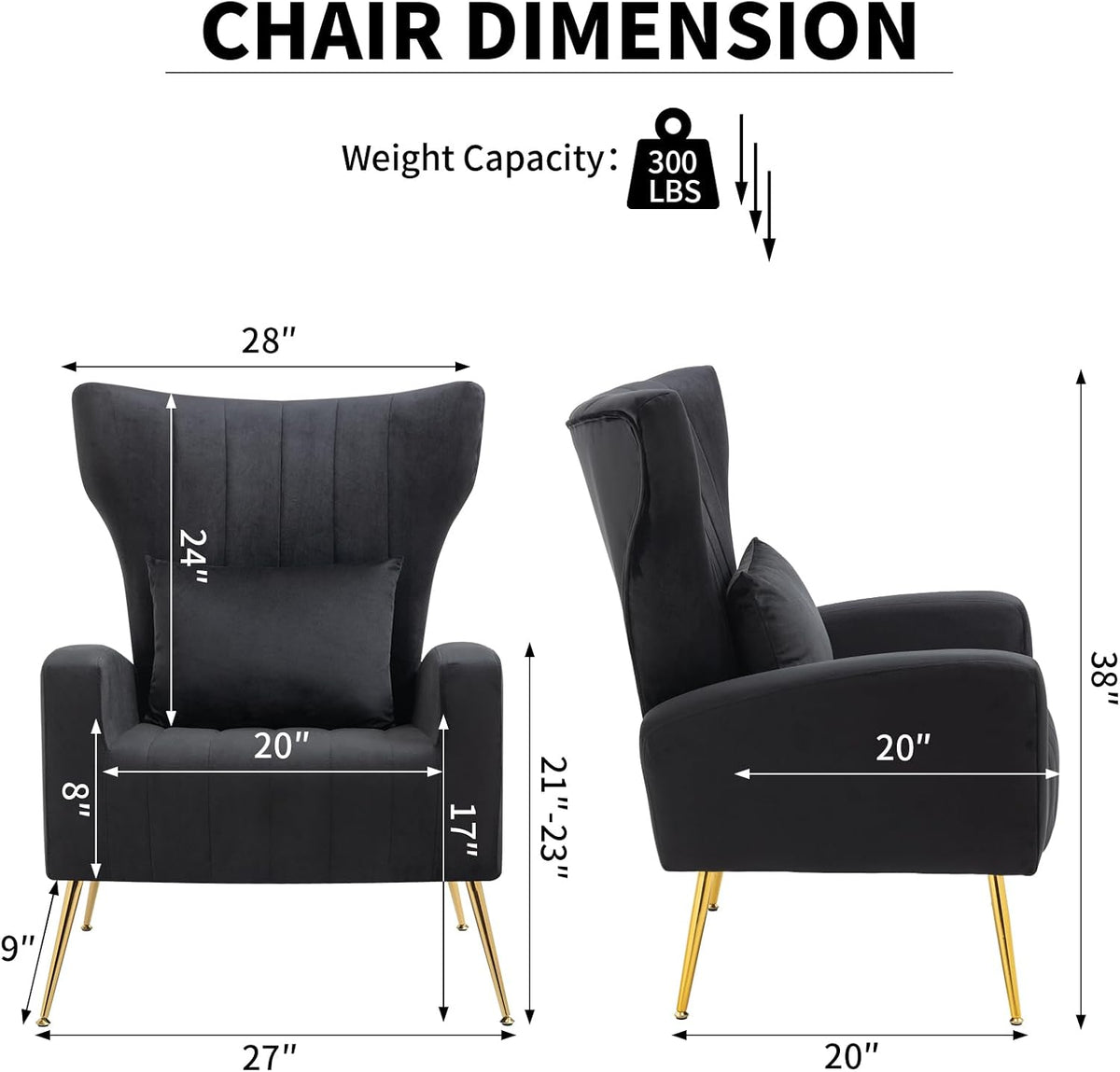 Velvet Accent Arm Chair with Wingback & Lumbar Pillow, Modern Armchair for Living Room Bedroom, Guest Reception Side Chair for Office, Gold Finish, Black
