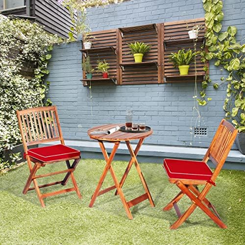 HAPPYGRILL 3 Pieces Patio Bistro Set Table & Chair with Cushions Foldable Wooden Furniture Chairs and Coffee Table for Outdoor Balcony Garden Backyard