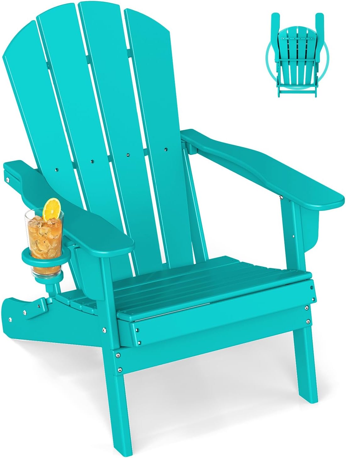GREENVINES Folding Adirondack Chair w/Cup Holder, HDPE, Aqua