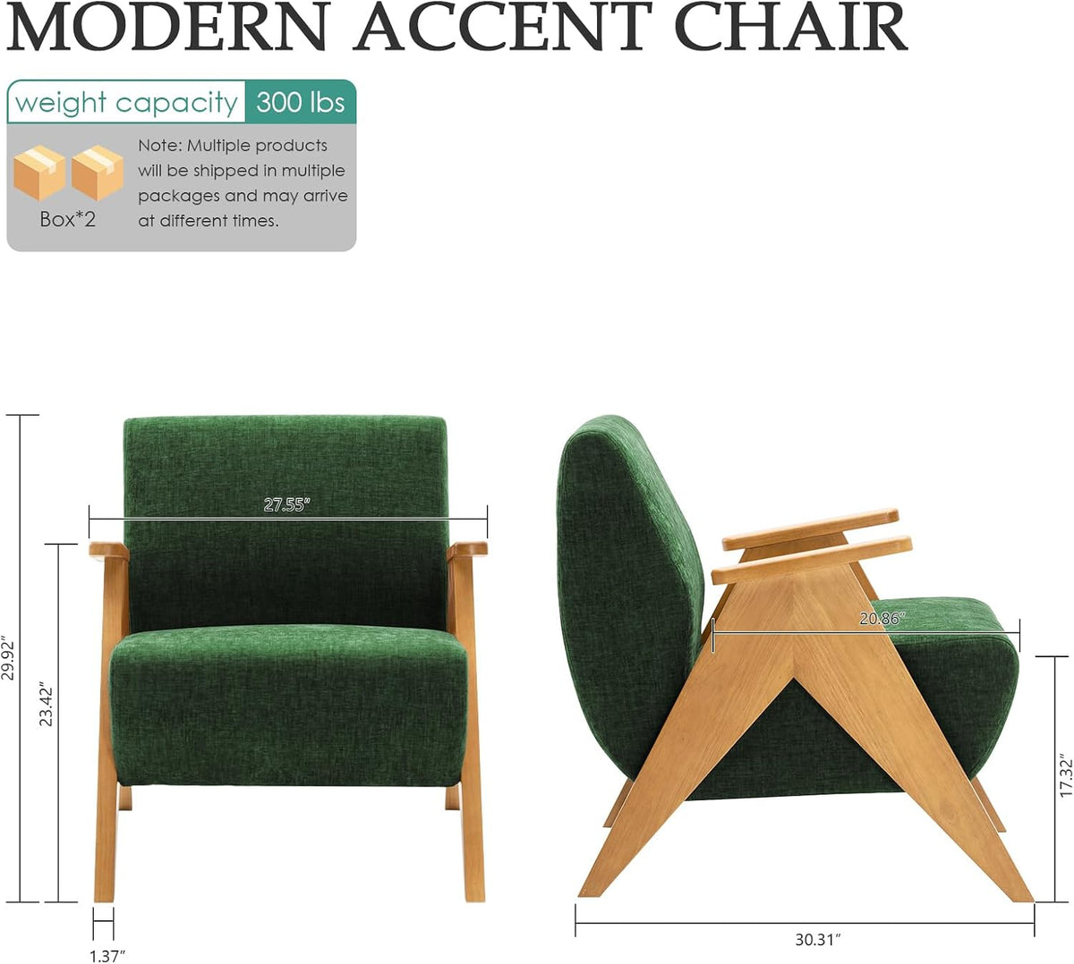 2 Pcs Home Accent Chair Mid Century Modern Accent Chair with Wood Frame, Lounge Upholstered Armchair, Reading Chair, Sturdy Base,For Living Room, Bedroom,Office,Comfy Guest Waiting Room Chairs,Green
