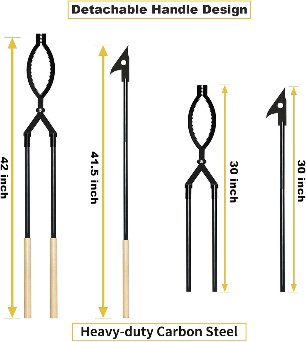 42" Fire Log Grabber & Fire Poker Set with Storage Bag, Portable Detachable