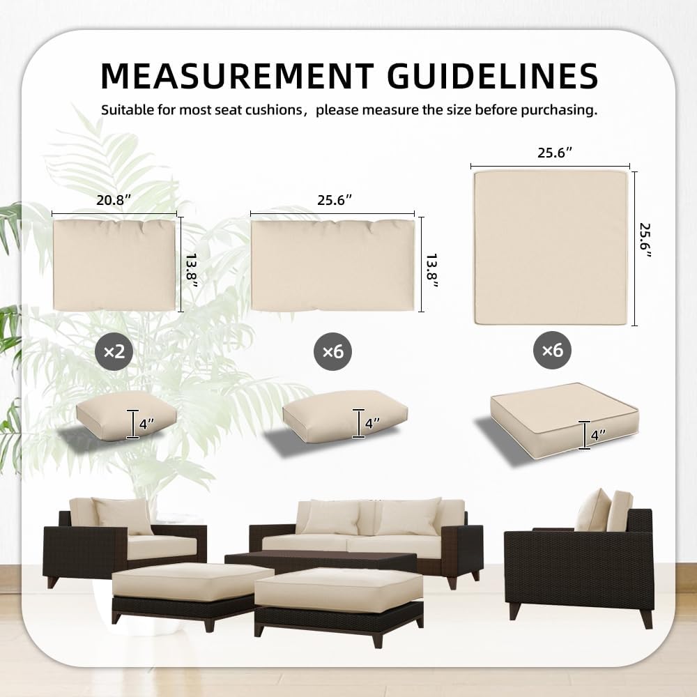 ELFWARRIOR Patio Cushion Covers Set 14pcs,Waterproof Outdoor Furniture Cushion Covers with Zipper,Washable Reusable Seat Cushion Replacement Slipcovers for Patio Furniture Protector-Beige