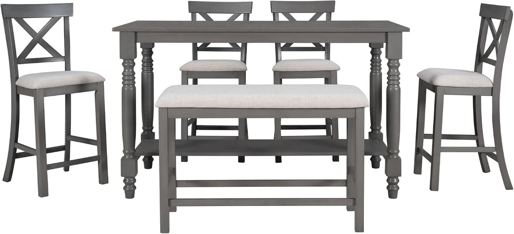 LUMISOL Counter Height Kitchen Table Set with Bench and Chairs for 6 Rustic Solid Wood Dining Room Table Set with Bottom Shelf for Storage, Gray