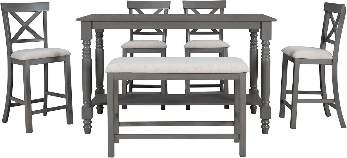 LUMISOL Counter Height Kitchen Table Set with Bench and Chairs for 6 Rustic Solid Wood Dining Room Table Set with Bottom Shelf for Storage, Gray