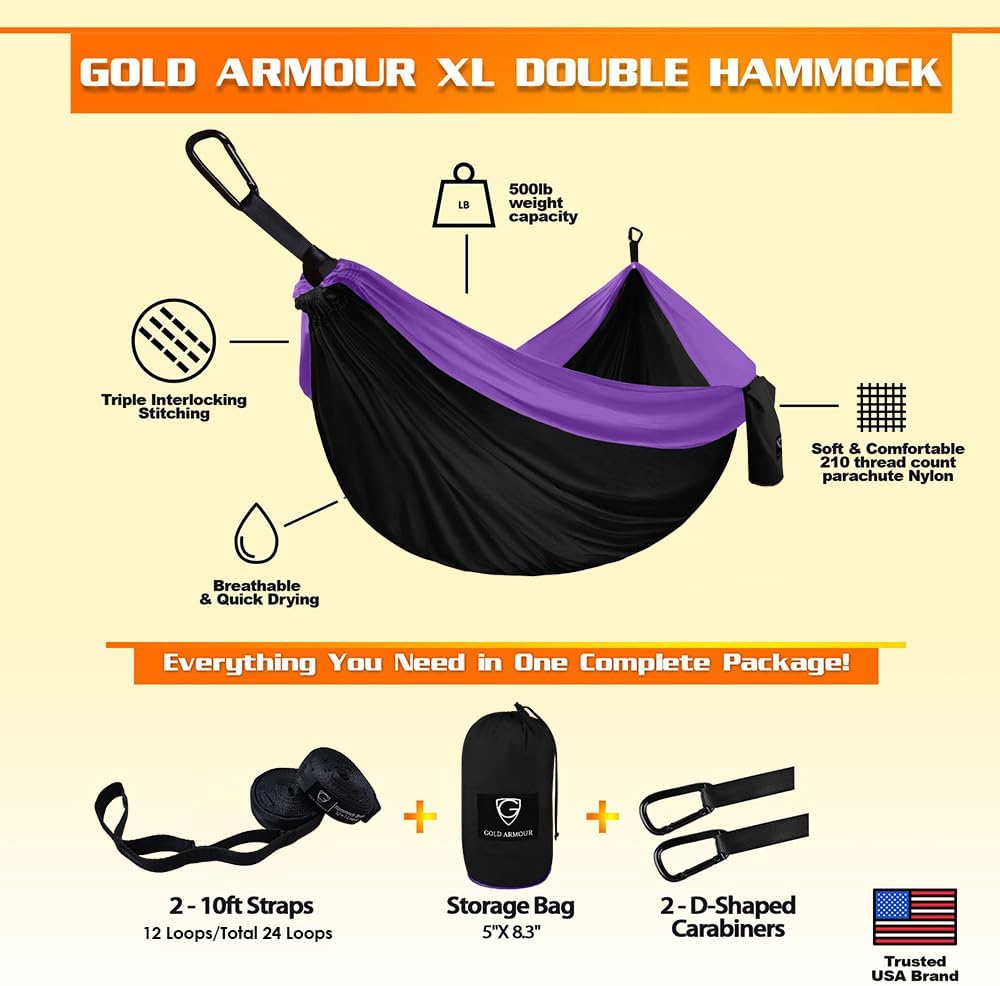 Gold Armour Camping Hammock - XL Double Hammock Portable Hammock Camping Accessories Gear for Outdoor Indoor with Tree Straps, USA Based Brand (Black and Purple)