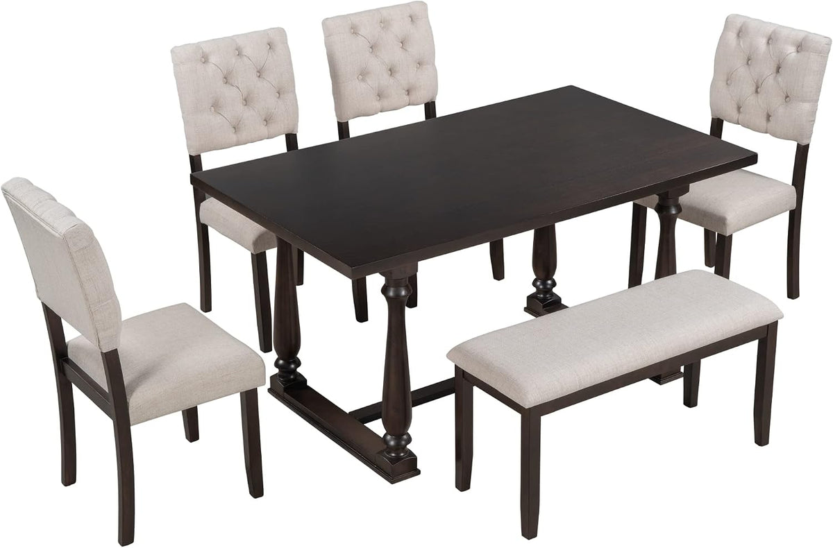 Merax 6-Piece Modern Dining Table Set for 4-6, Classic Dining Table Set with Including 1 Dining Table, 4 Cushions Chairs and Bench, Wooden Legs Table Set for Dining Room, Espresso