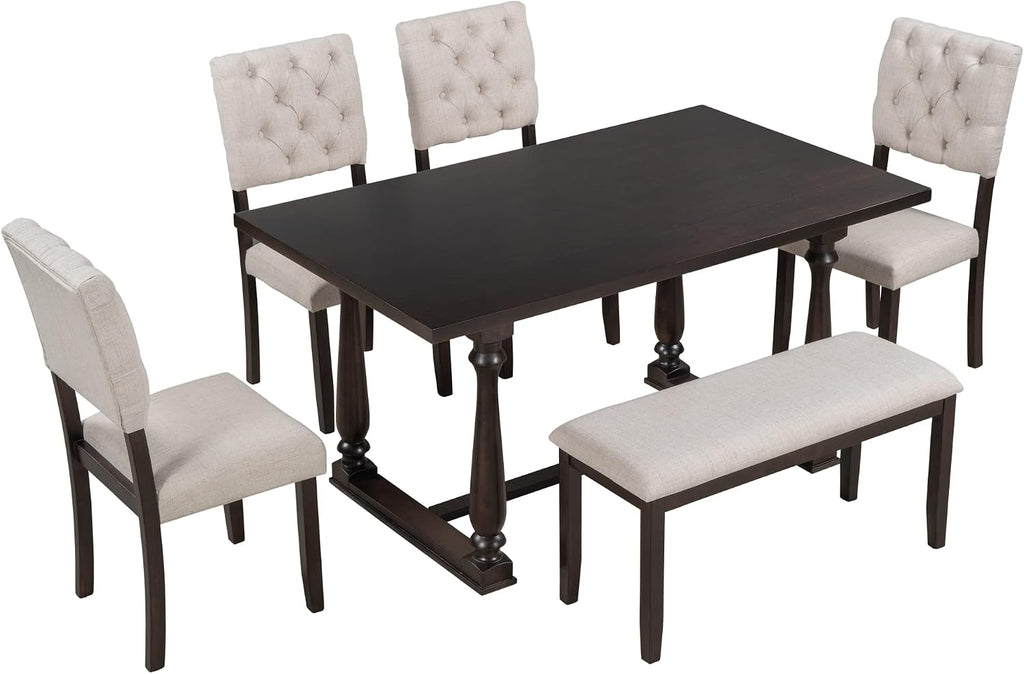 Merax 6 Pieces Dining Table Chair Set with Bench, Rectangle 4 Upholstered Chairs & a Wood Kitchen for Persons, Modern Style Room (Espresso+Beige)