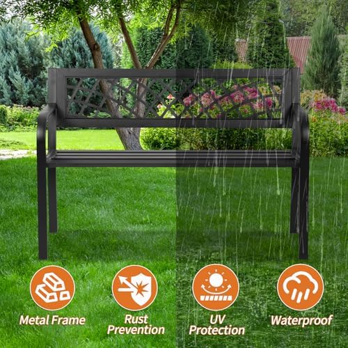 Outdoor Bench,Patio Garden Benches,Metal Weatherproof Porch Bench with Grid-Patterned Backrest and Armrest for Park Courtyard Porch,Bearing Capacity 480lbs,Black