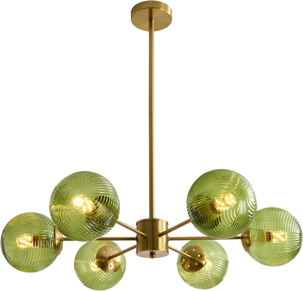BOKT Green Glass Ball Pendant Light Mid Century Modern Gold 6-Lights Globe Sputnik Chandelier Light Fixture Brushed Brass Chandelier Pendant Light for Kitchen Island Dining Room