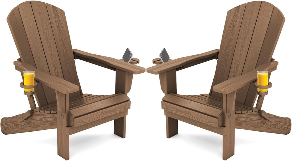 SERWALL Outdoor Adirondack Chair Set of 2 with Cup Holders,Foldable,Brown