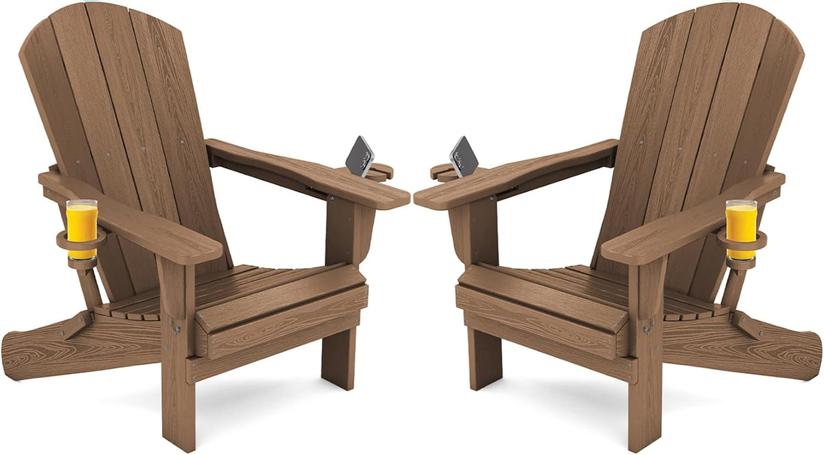 SERWALL Outdoor Adirondack Chair Set of 2 with Cup Holders,Foldable,Brown