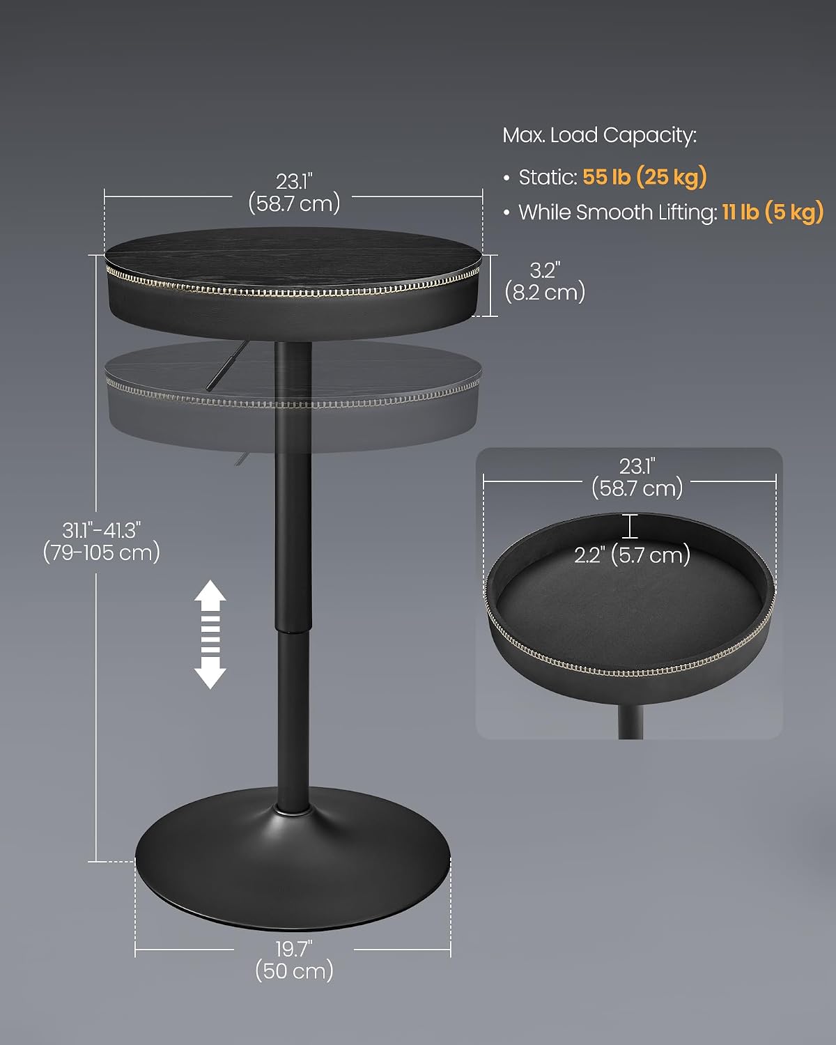 VASAGLE Height Adjustable Bar Table, Round High Pub Table with Storage