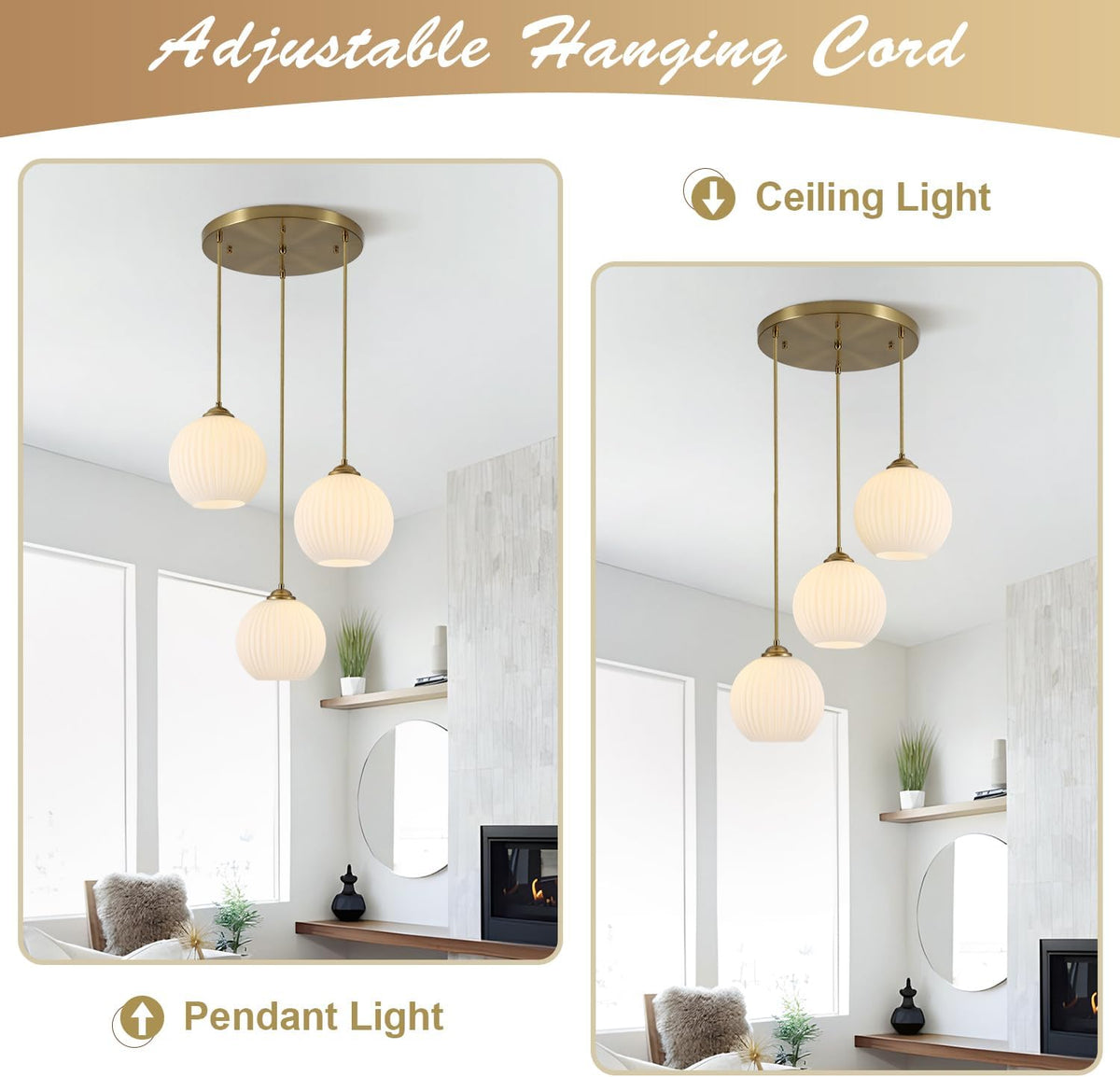 kco brushed gold 3-light ribbed white milk glass showing dimensions