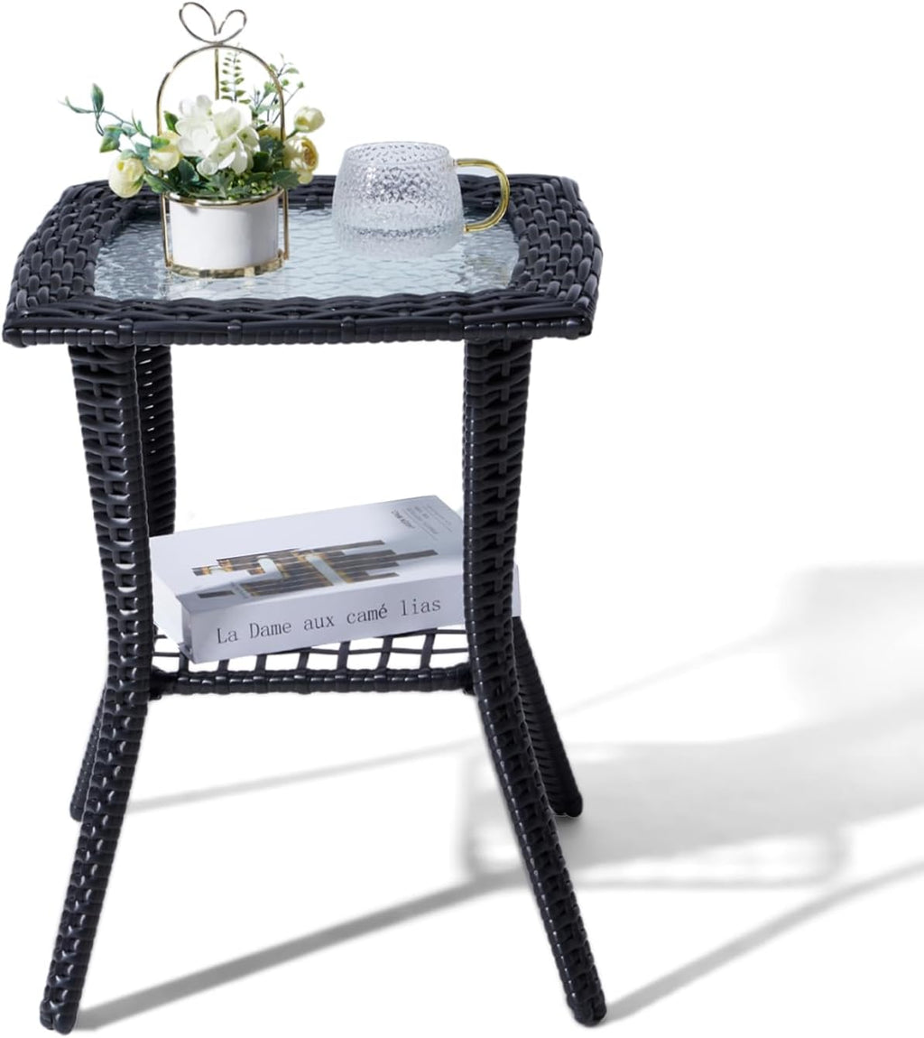 Outvita Rattan Outdoor Side Coffee Table with Glass Tabletop Storage Shelf