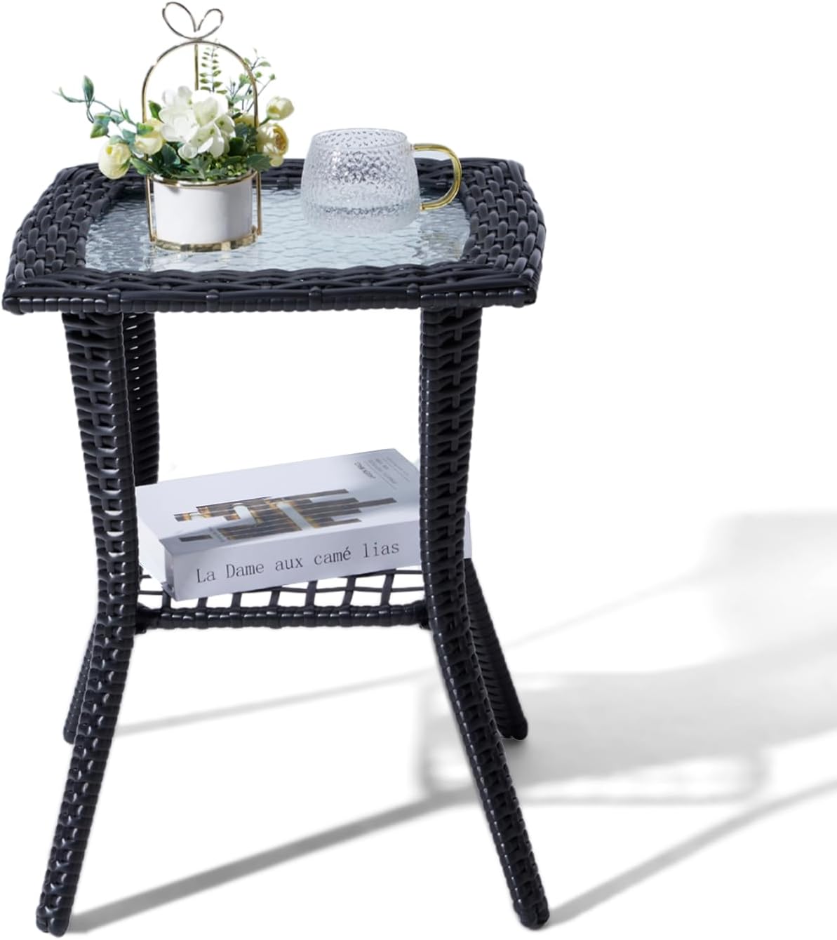 Outvita Rattan Outdoor Side Coffee Table with Glass Tabletop Storage Shelf