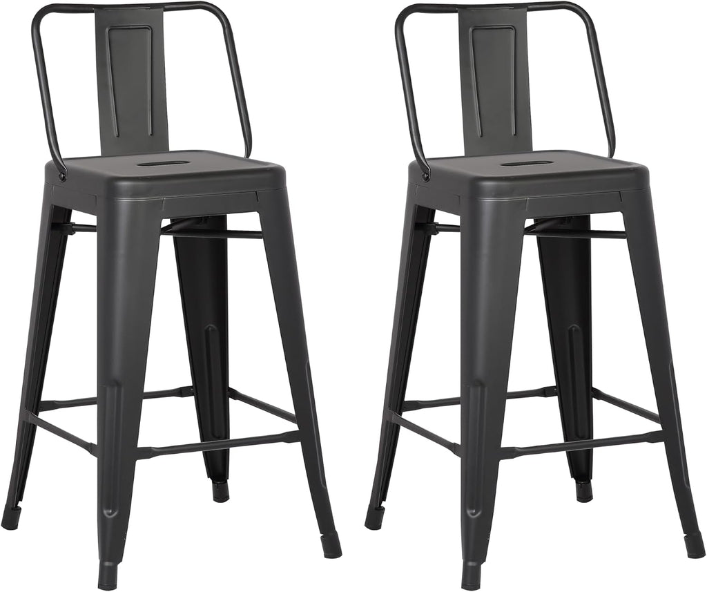 AC Pacific 24” Metal Barstool Set of 2 – Country Rustic Style with Low Back, Lightweight & Sturdy Build, Easy Assembly – Black Matte