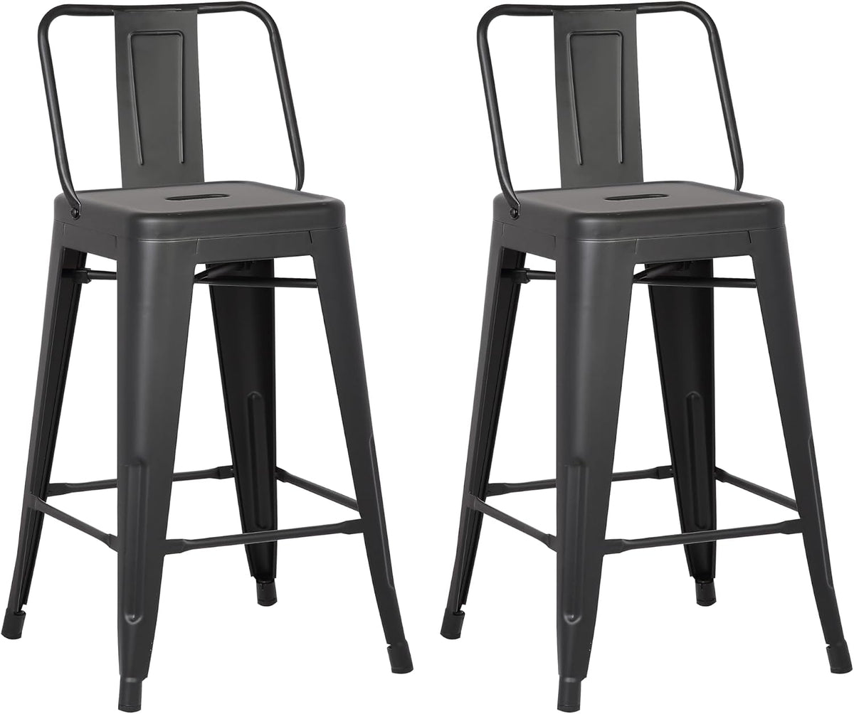 AC Pacific 24” Metal Barstool Set of 2 – Country Rustic Style with Low Back, Lightweight & Sturdy Build, Easy Assembly – Black Matte