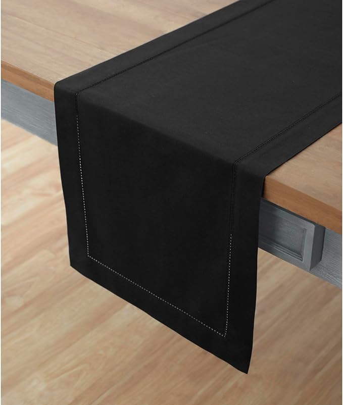 Solino Home Black Table Runner 48 Inches - Cotton Linen Hemstitch Coffee Tabl...