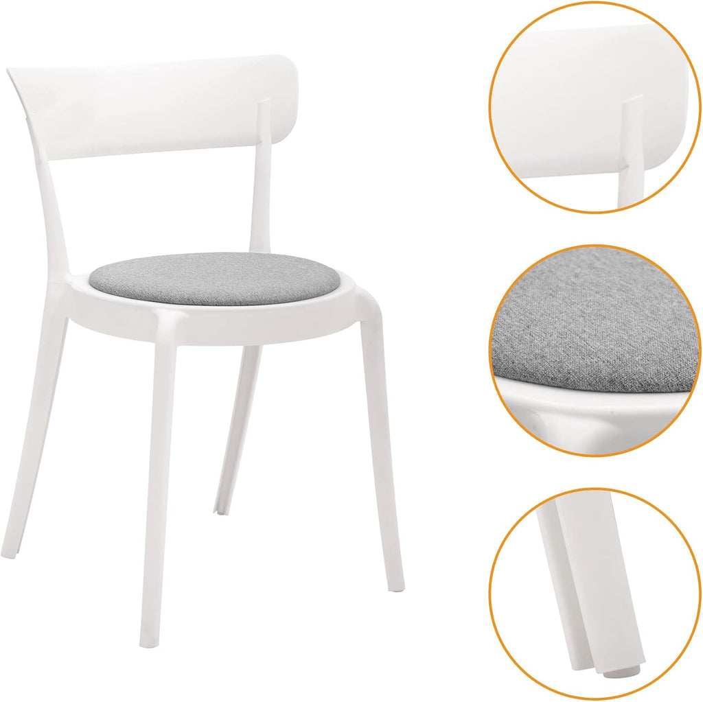 CangLong Armless Bistro Dining Chair-Set of 2, Premium Plastic with Upholstered Seat, White + Grey