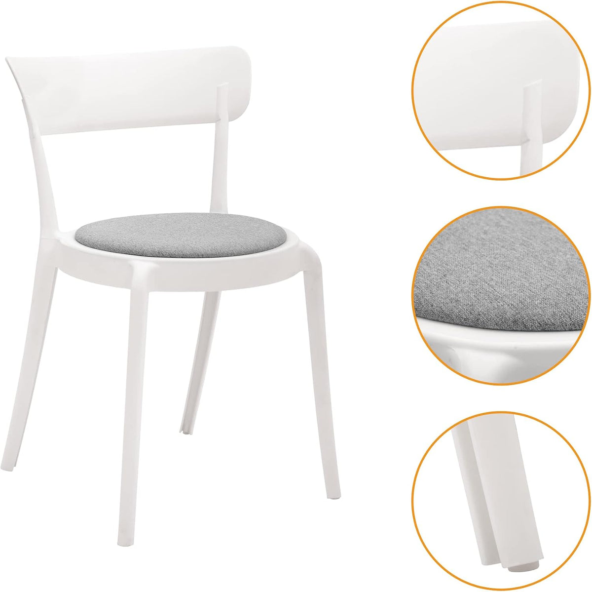 CangLong Armless Bistro Dining Chair-Set of 2, Premium Plastic with Upholstered Seat, White + Grey