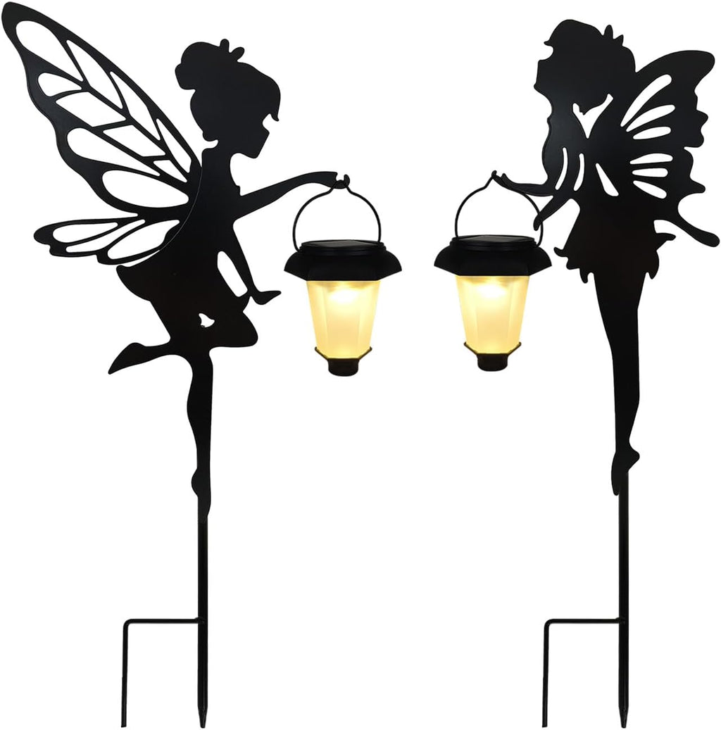 SUNNYPARK 2 Pack Solar Fairy Garden Metal Stake Decorative Lantern