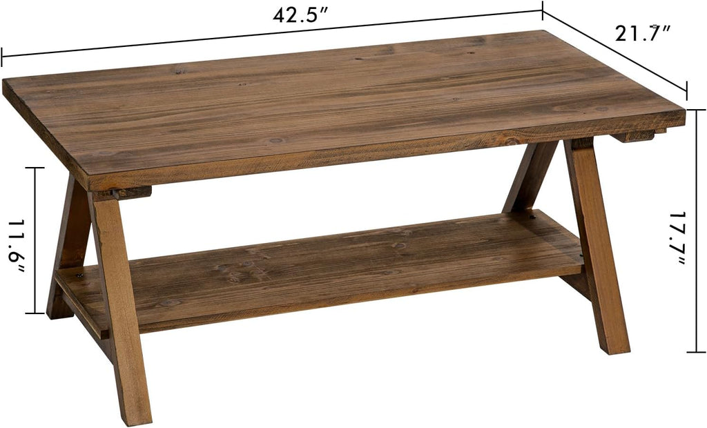 HOKYHOKY Solid Wood Coffee Table - 42.5” Firwood Farmhouse Rustic Wooden Coffee Tables for Living Room, Solid Firwood Rectangle Coffee Table, Center Table for Living Room, Brown