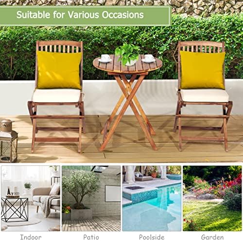 FANTASK 3 Pieces Folding Acacia Wood Bistro Set, Patio Furniture Set with Cushions & 1 Round Table, Indoor Outdoor Bistro Table and Chairs Set of 2 for Patio, Garden, Poolside, Porch, Lawn (Beige)