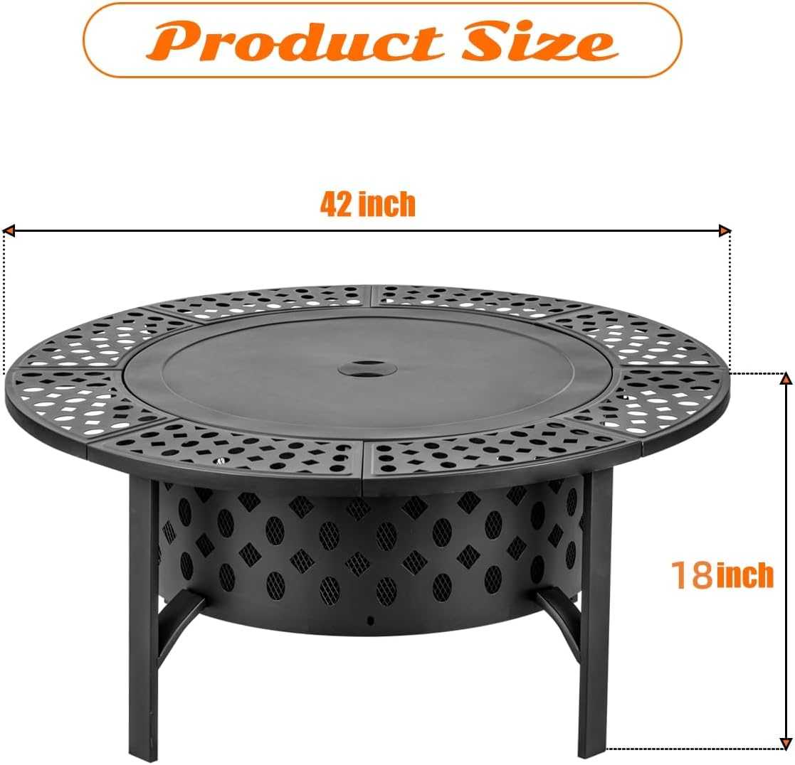 OutVue 42 Inch Fire Pit with 2 Grills, Lid, Poker