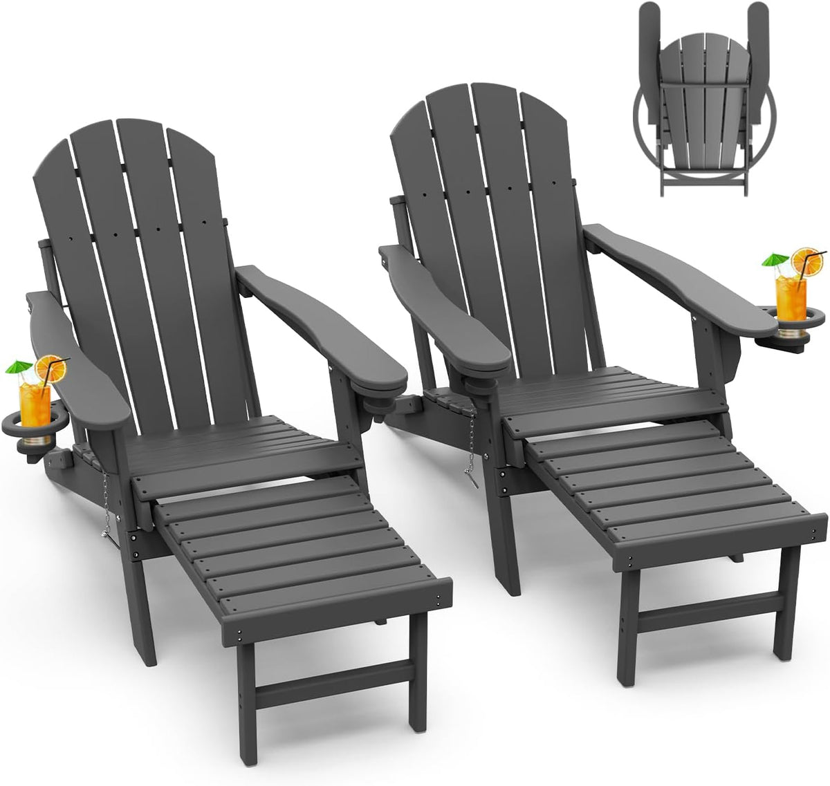 GREENVINES Folding Adirondack-Chairs-with-Ottoman Set of 2, HDPE, Grey