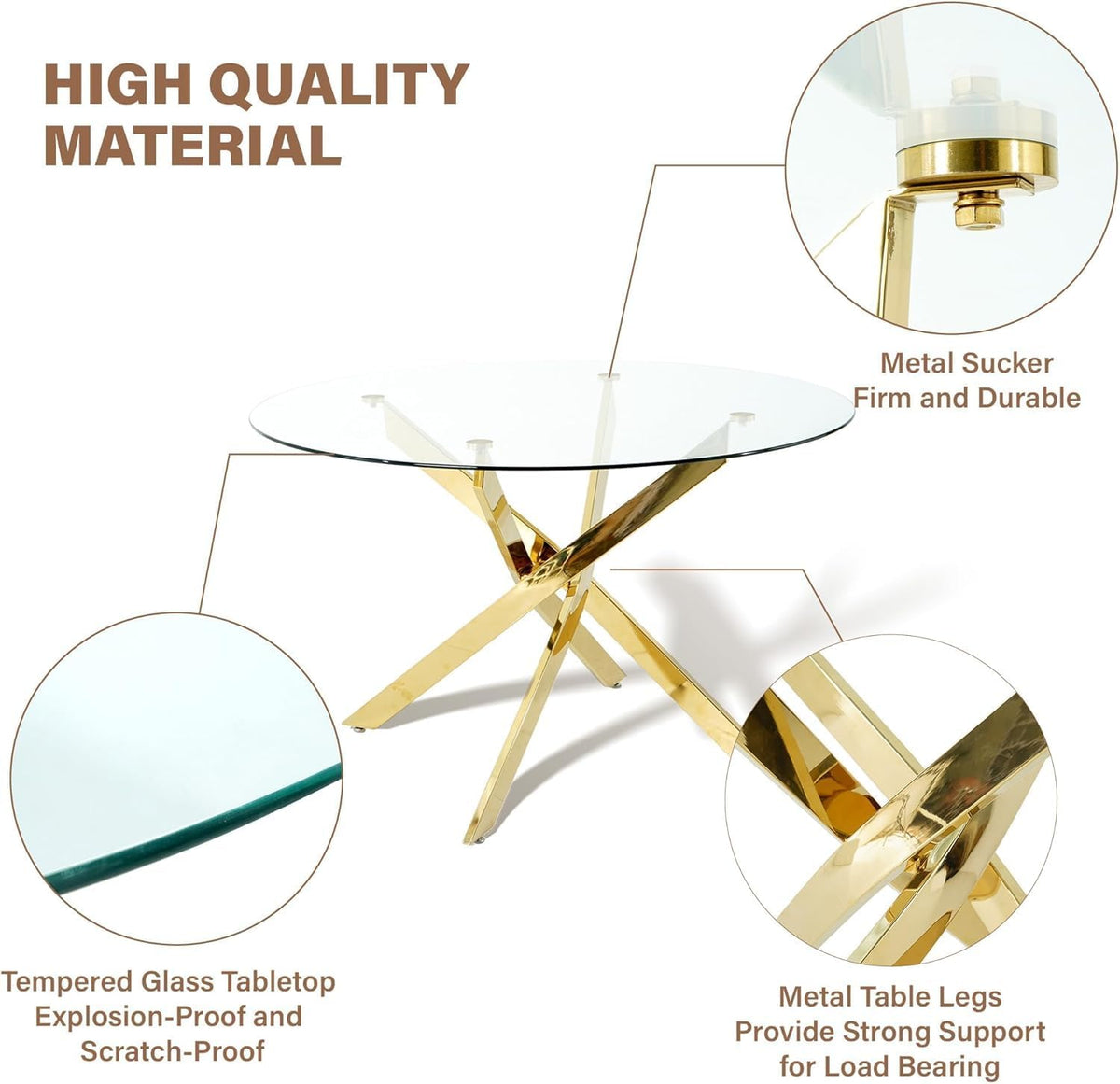 36" Round Dining Table Set for 2, Small Round Kitchen Table with 2 Boucle Dinner Chairs, Modern Circle 3 Piece Glass Dining Table with Metal Legs(Black&Gold)