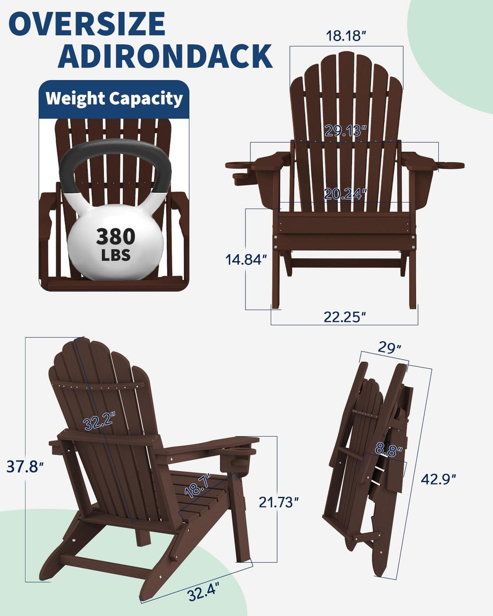 Plawdlik Oversized Folding Adirondack Chair, HDPE Outdoor Chair, Coffee