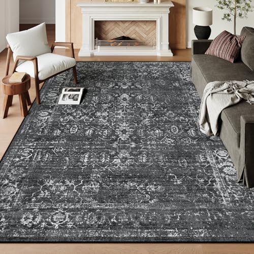 Lahome Margot Area Rugs 9x12 Living Room Soft Large Rugs for Bedroom, Boho Black Dining Room Rug, Distressed Non Slip Low Pile Carpet for Indoor Home Office(9'x12', Black/Grey)