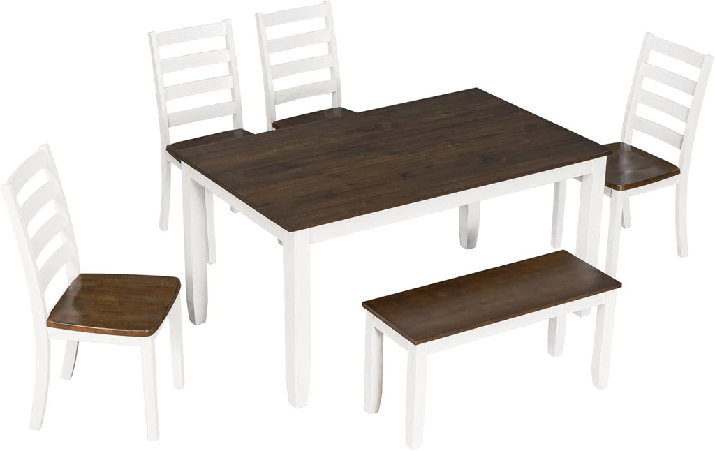 LUMISOL 6-Piece Farmhouse Dining Table Set for 6-7, Solid Wood Kitchen Table Set with Bench and Chairs, Rustic Table and Chairs Set for Kitchen, Dining Room, Walnut + Cottage White
