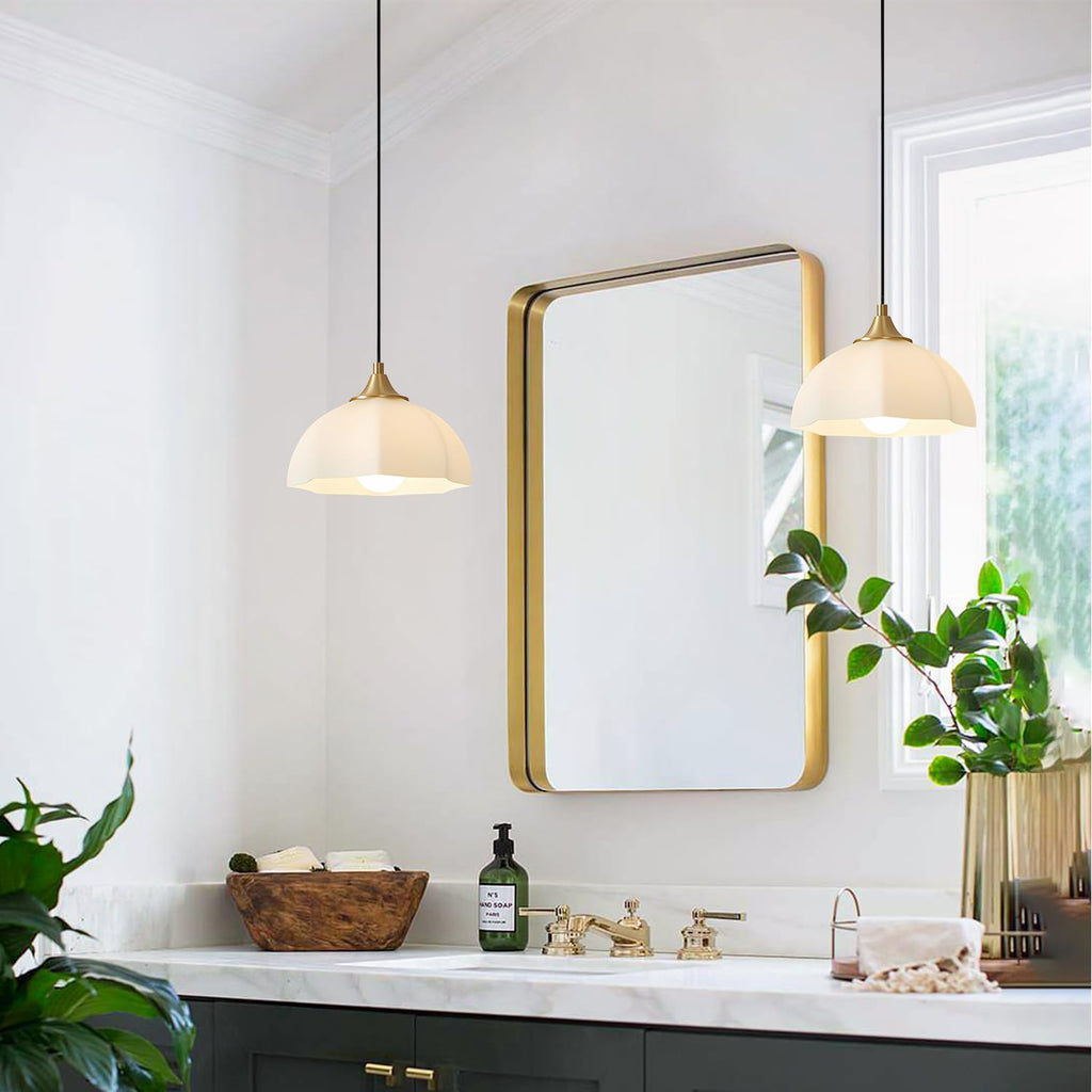 milk glass pendant light 2-pack, brushed gold dome, front angle view